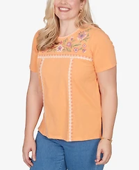 Alfred Dunner Women's Beachcomber Embroidered Floral Neck Short Sleeve T-shirt