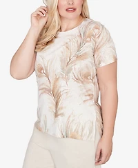 Alfred Dunner Women's Natural Wonder Feather Print Short Sleeve T-shirt