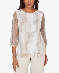 Alfred Dunner Women's Natural Wonder Neutral Brushstrokes Mesh Top