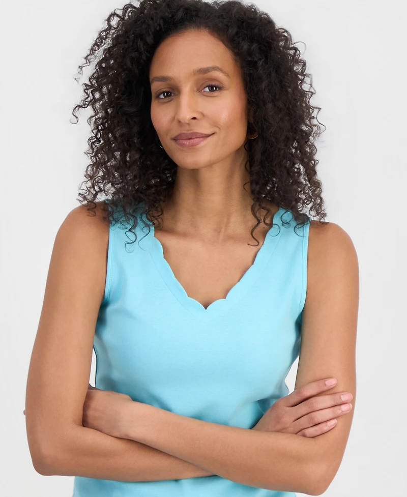 Style & Co Women's Cotton Scalloped V-Neck Sleeveless Top, Exclusively at Macy's
