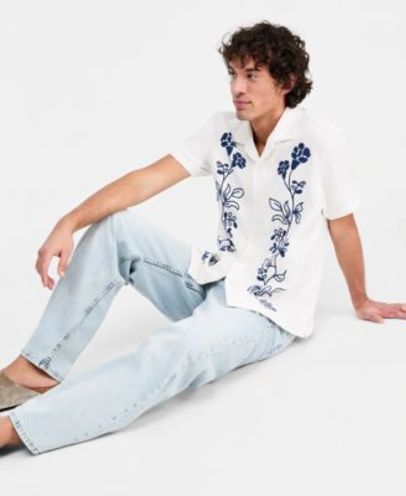 Sun Stone Mens Floral Embroidered Cotton Camp Shirt Wave Wash Baggy Jeans Macys Exclusive