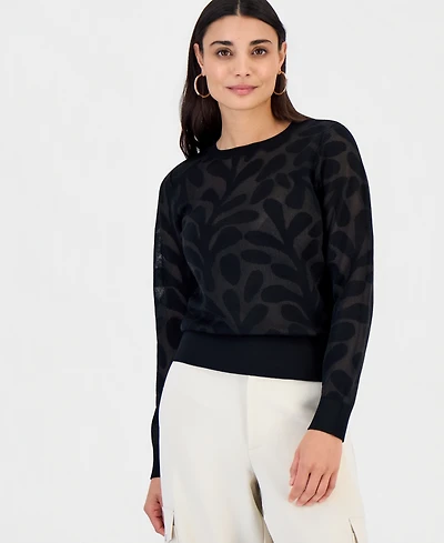 I.n.c. International Concepts Petite Floral-Jacquard Long-Sleeve Top, Created for Macy's