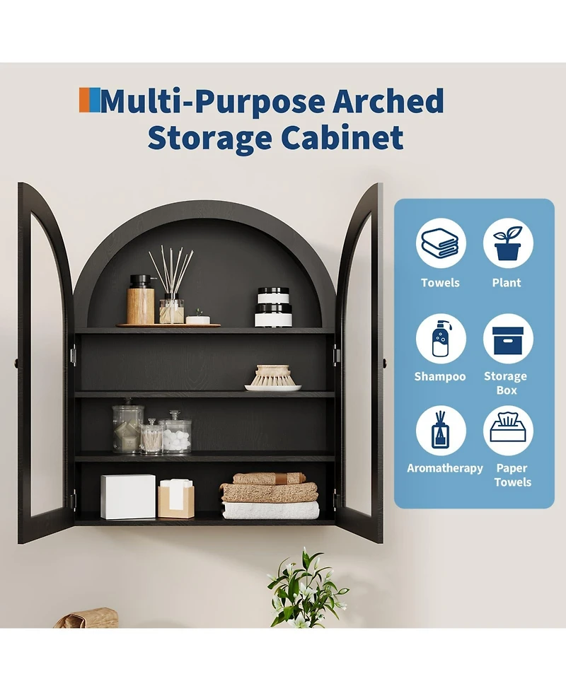 Homfan Arched Wall Cabinet, Arched Bathroom Medicine Wall Cabinet with Acrylic Door & Adjustable Shelves, Wall Mounted Storage Organizer