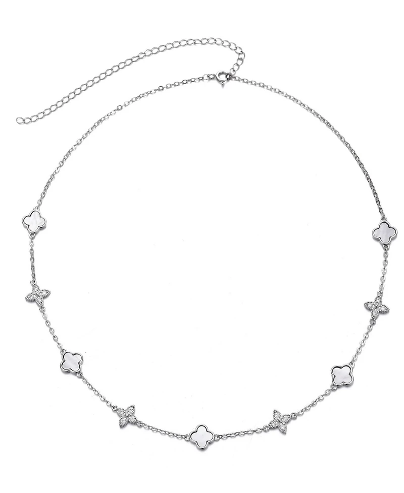 Adornia Silver Mother of Pearl Cz Mixed Clover Station Necklace