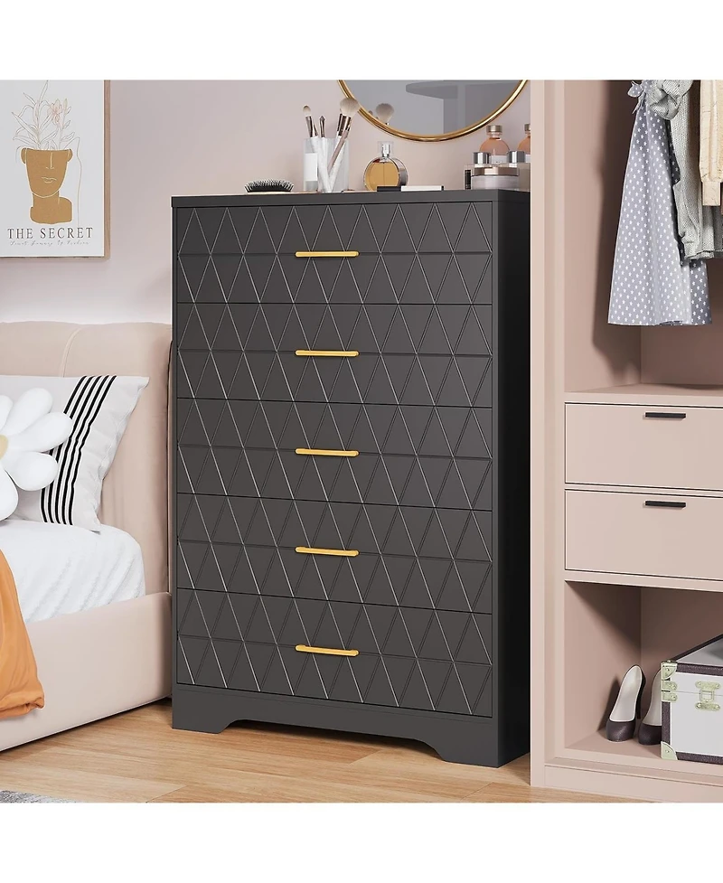 gaomon Tall Dresser for Bedroom with 5 Drawer, Pink Wood Chest of Drawers Gold Handles Closet, Modern Nightstand Bedside
