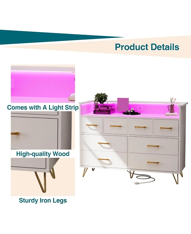 gaomon 8 Drawer Wood Dressers for Bedroom with Led Light and Power Outlet, Wooden Dressers with Open Shelves for Adult and Kids Bedroom