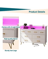 gaomon 8 Drawer Wood Dressers for Bedroom with Led Light and Power Outlet, Wooden Dressers with Open Shelves for Adult and Kids Bedroom