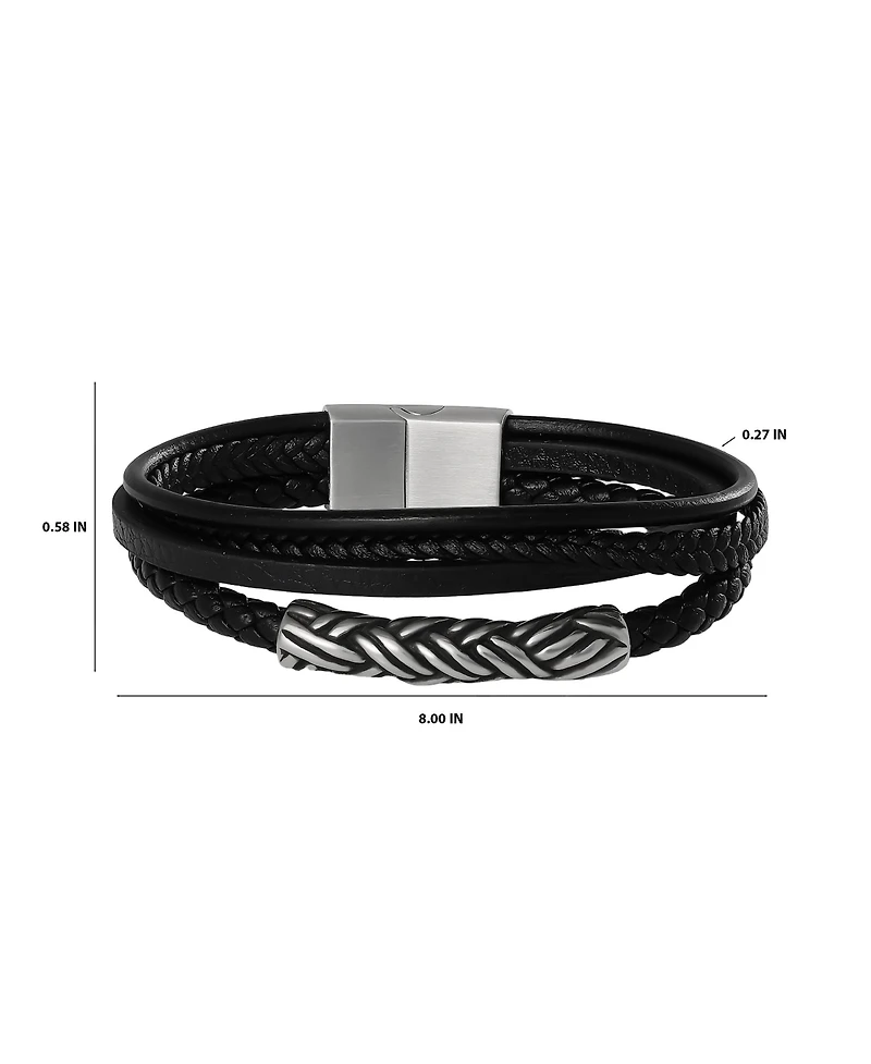 Lucky Brand Men s Multi Row 8'' Leather Bracelet with Braided Barrel, Black