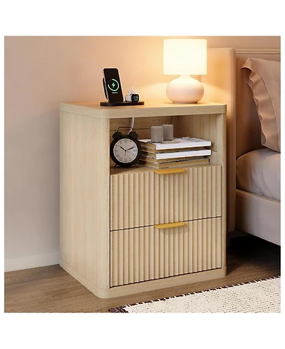 Gaomon 1PC Natural Fluted Nightstand, 2-Drawer Bedside Table with Charging Station & Open Storage