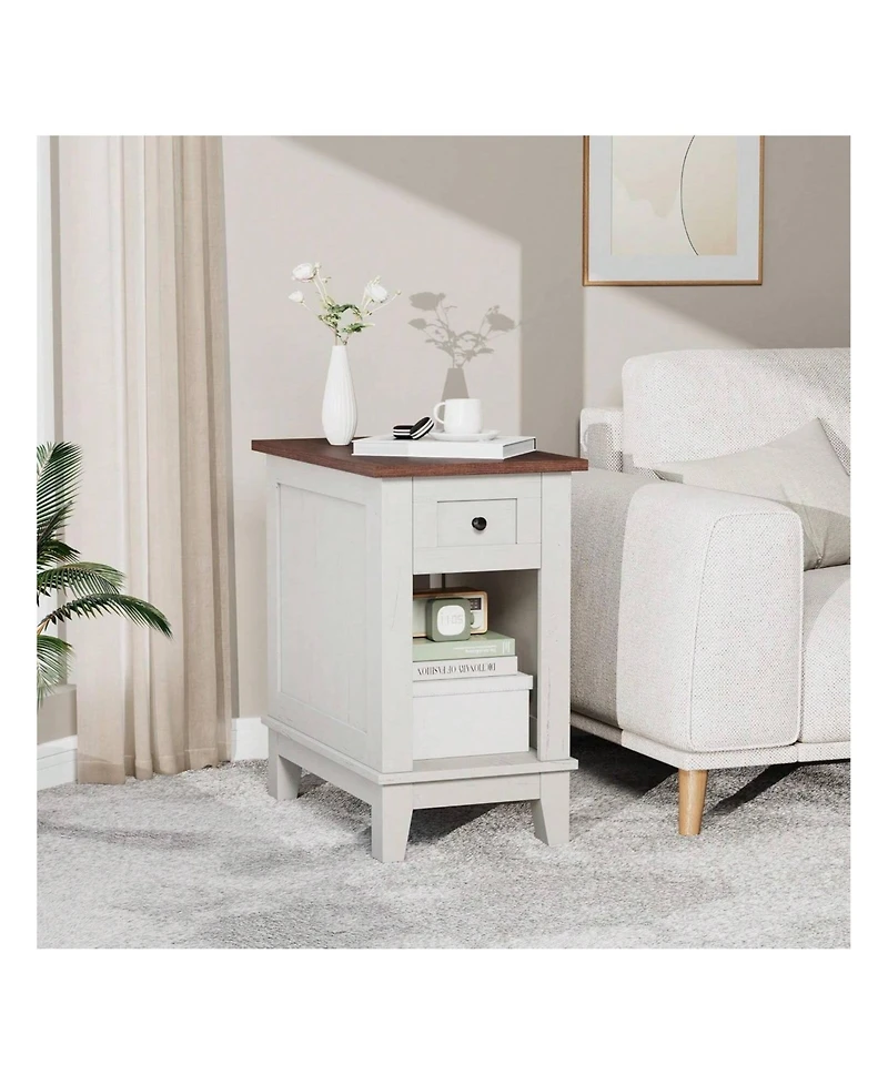 gaomon Narrow Farmhouse Side Table with Charging Station, Small Storage Nightstand Bedside Table for Living Room