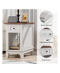gaomon Narrow Farmhouse Side Table with Charging Station, Small Storage Nightstand Bedside Table for Living Room
