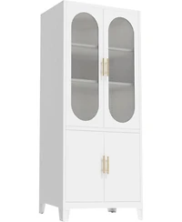 gaomon Freestanding Storage Cabinet: 70" Tall White Linen + Pantry + China Cabinet – Tempered Glass Doors, Heavy-Duty Adjustable Shelves