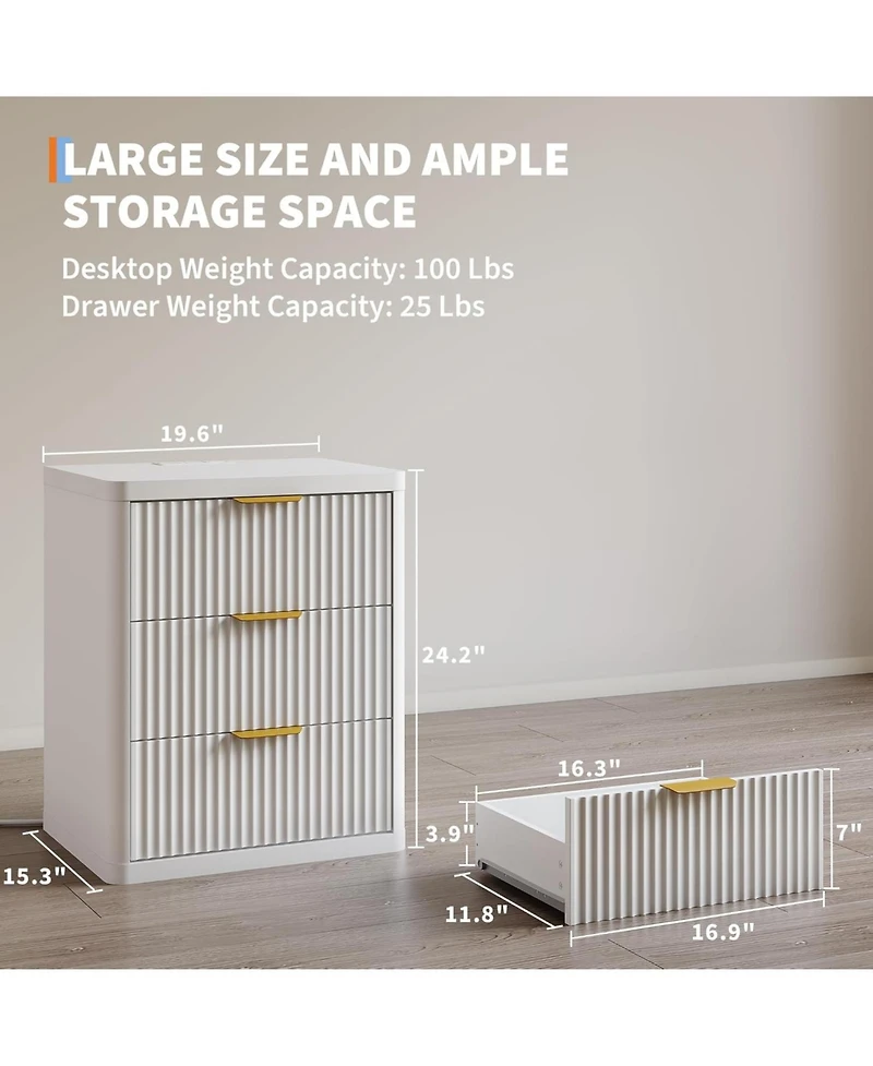 gaomon Fluted Nightstand with Charging Station, Bedside Table with 3 Drawers Storage Space