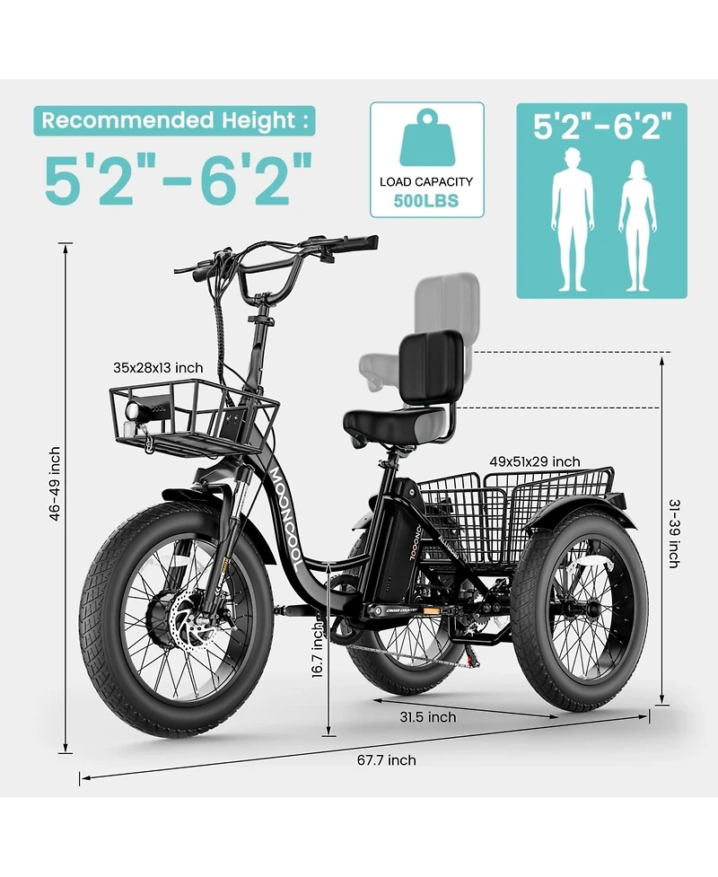 Mooncool TK1 Fat Tire 500W All-Terrain Electric Tricycle for Adults, 20" x 4.0" Wheel