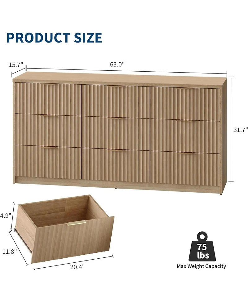 Gaomon 9 Drawer Dresser for Bedroom, Large Fluted Chest of Drawers, Wood Dressers Storage Organizer, Storage Cabinet for Bedroom Living & office