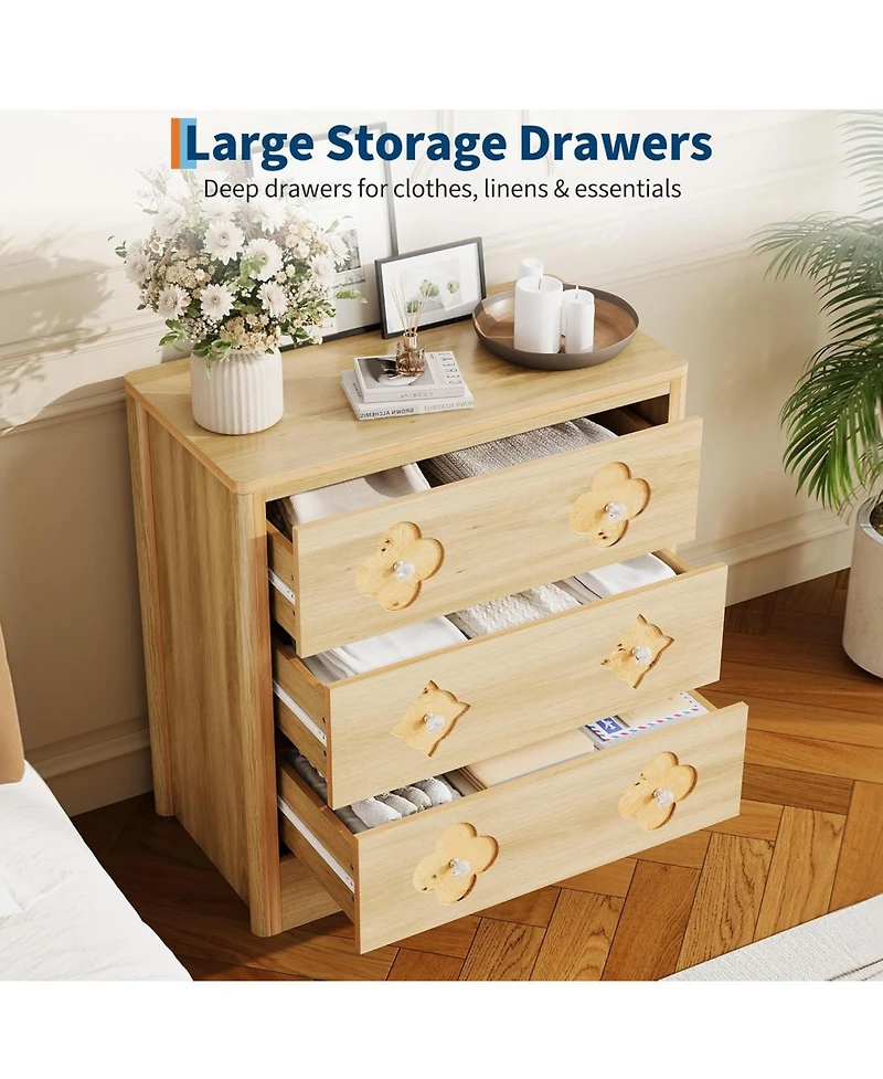 gaomon Oak 3 Drawer Tall Dresser with Decorative Boho Fronts, Bedroom Chest for Closet or Nightstand Use