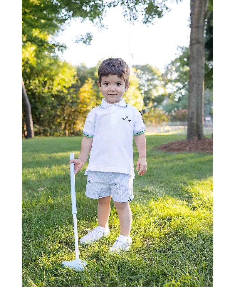 Florence Eiseman Little Boy Check Seersucker Short with Embroidered Golf Clubs