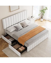 gaomon Queen Linen Upholstered Platform Bed Frame with 4 Storage Drawers, Adjustable Headboard, Wooden Slats Support.