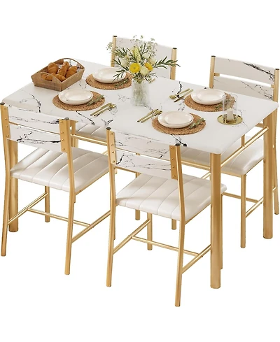 Ironck 27.6" W Dining Table Set for 4, Wood Kitchen Table with Upholstered Chairs, White & Gold