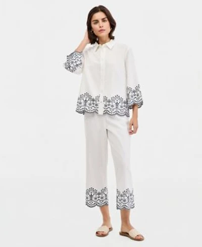 Jones New York Womens Embroidered Button Front Shirt Cropped Pull On Pants