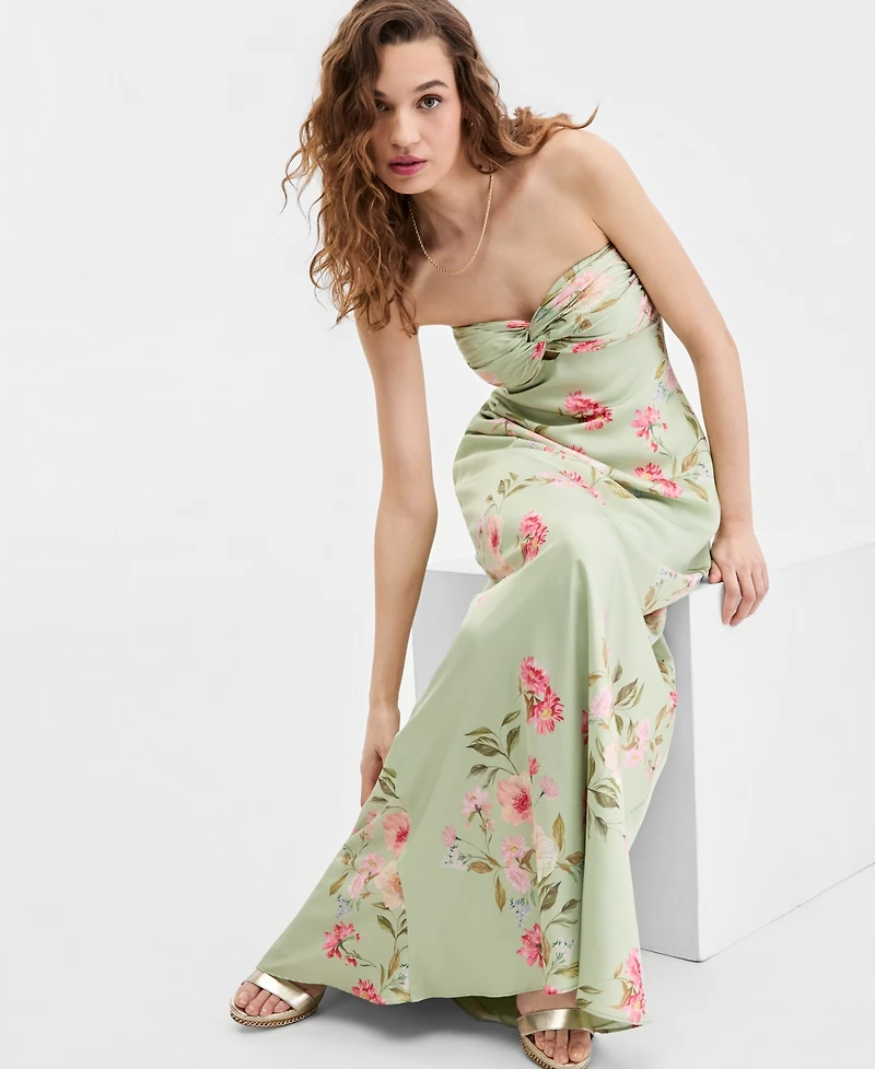 B Darlin Juniors' Floral Print Strapless Gown