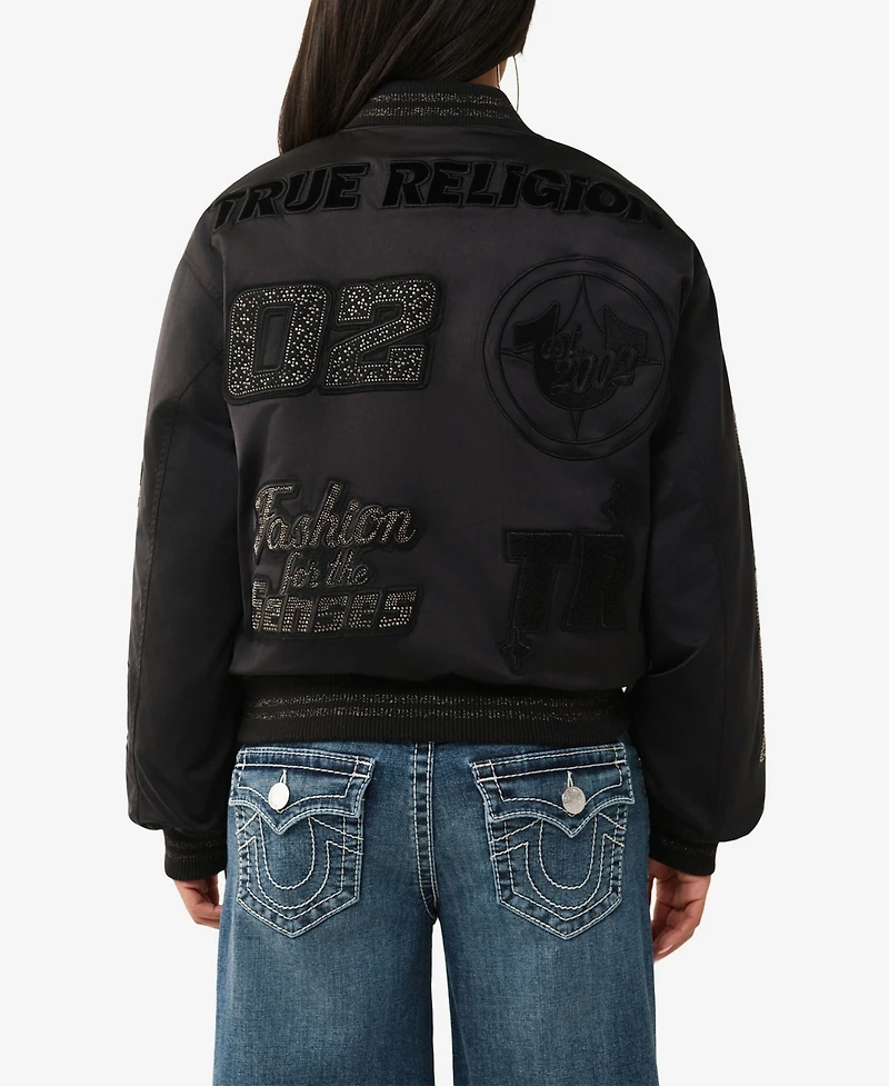 True Religion Women's Crystal Branded Nylon Bomber Jacket