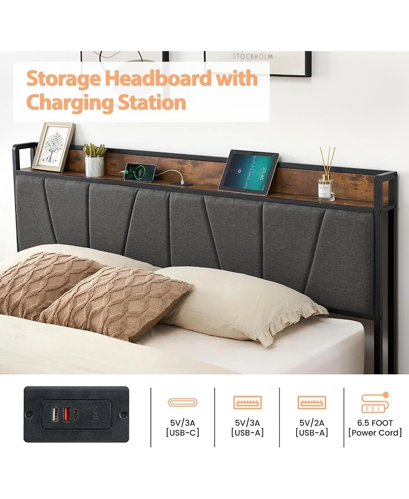 gaomon King Bed Frame with 2 Storage Drawers, Charging Station & Heavy Duty Storage Headboard