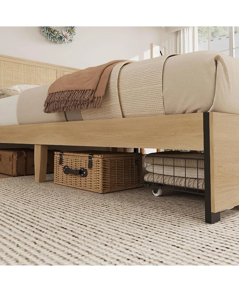 gaomon Natural Rattan Bed Frame with Wood Headboard, 2 Storage Drawers, Rgb Led Lights, Easy Assemble Boho Platform Bed with Strong