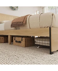 gaomon Natural Rattan Bed Frame with Wood Headboard, 2 Storage Drawers, Rgb Led Lights, Easy Assemble Boho Platform Bed with Strong