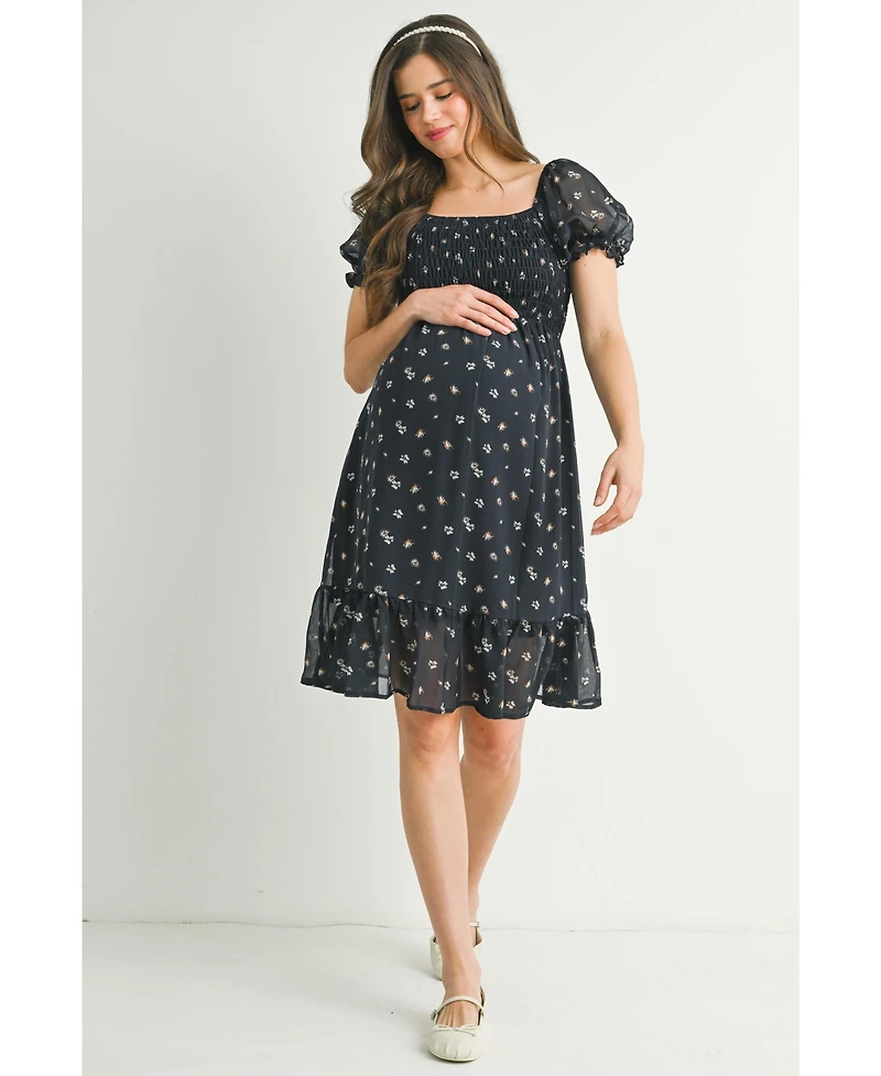 Hello Miz Maternity Floral Smocked Empire Waist Knee-Length Dress