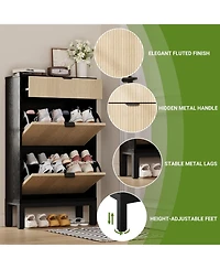 gaomon Slim farmhouse shoe storage cabinet with 2 flip drawers, fluted design, metal legs, and freestanding rack for entryway.