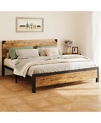 Gamon Rustic Brown King Platform Bed Frame with Wooden Headboard & Under Bed Storage