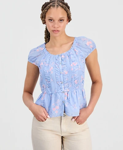 Lucky Brand Women's Round-Neck Ruched Button-Front Top
