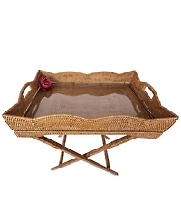 Artifacts Rattan Scallop Design Butler Tray with Wooden Legs & Glass Insert