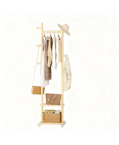 Yigii Solid Wood Freestanding Coat Rack With Wheels 2 Shelves 5 Hooks For Entrywaysilent Wheels For Easy Mobility