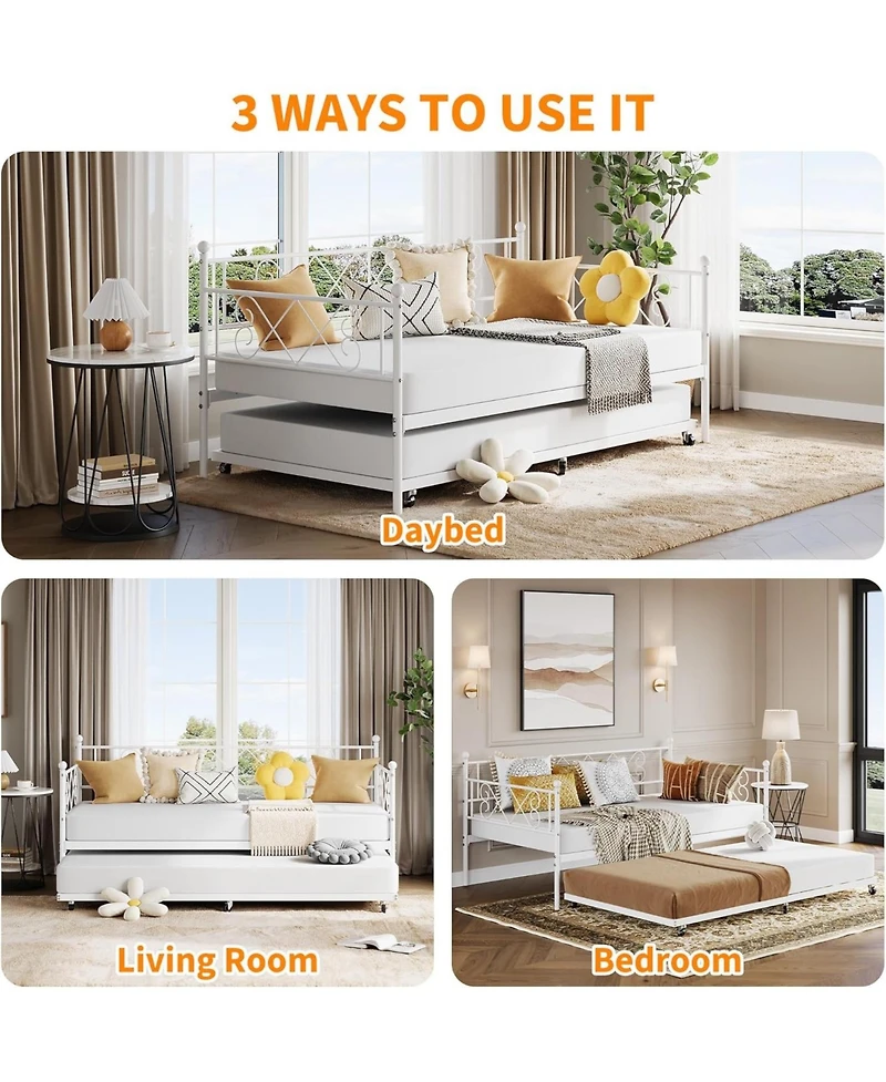 gaomon Daybed with Trundle, Twin Metal Bed Frame Heart-Shaped Headboard, Sturdy Steel Slat Support
