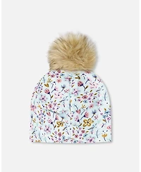 Deux par Girl Stretch Jersey Hat Blue Mini Flower Print with Pompom - Toddler|Child