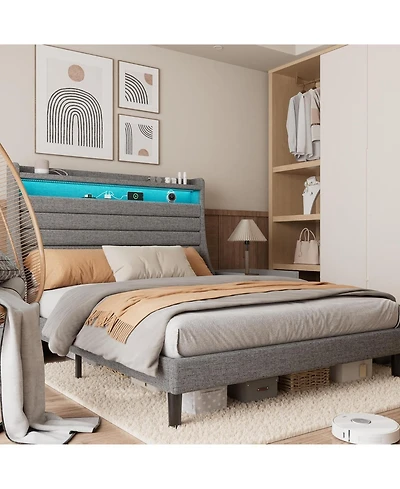 gaomon Bed Frame with Storage Headboard, Charging Station & Led, Modern Linen Upholstered Platform Frame, Wood Slat Support, No Box Spring Needed