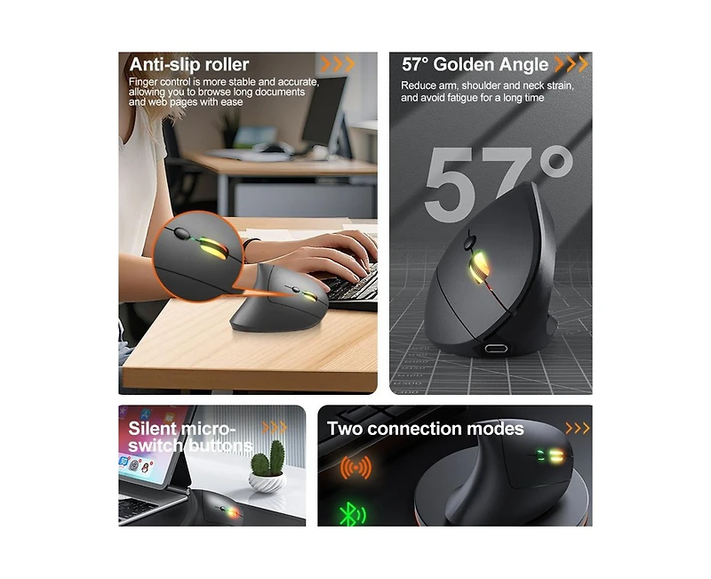 Risokeys Ergonomic Vertical Wireless Mouse, Dual Mode (Bluetooth 5.4 + 2.4G),Silent Click,3 Dpi Levels, for Office/Gaming,for Laptop/Pc/Mac
