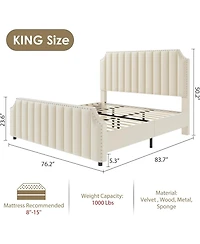 gaomon King Size Velvet Platform Bed Frame with 50.2" Tufted Headboard & Footboard, Vertical Channel Design, Nailhead Trim, No Box Spring Needed