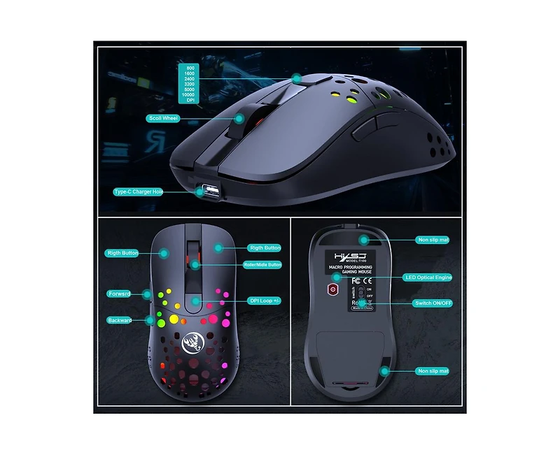 Risokeys Dual-Mode Wireless Gaming Mouse, Hollow Hole Design, 10000 Dpi Adjustable, 10 Rgb Lighting Modes, 550mAh Rechargeable