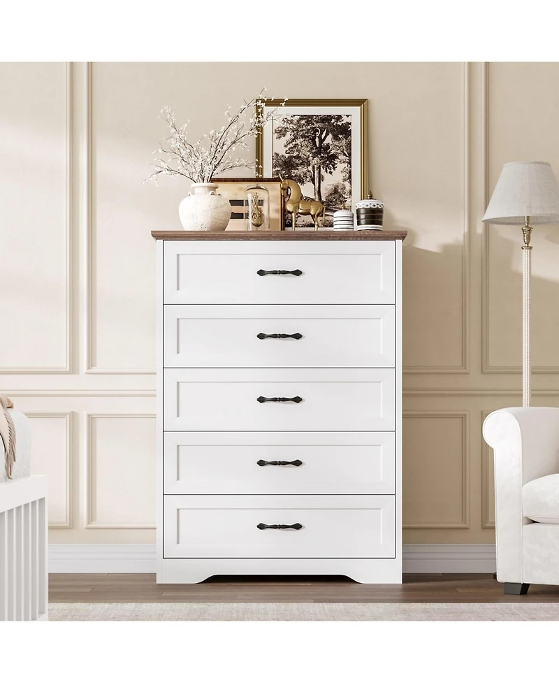 gaomon 5 Drawers Dresser for Bedroom, Chest of Drawers with Wide Metal Handle, Farmhouse Modern Wooden Tall Dresser, Storage Organizer