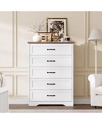 gaomon 5 Drawers Dresser for Bedroom, Chest of Drawers with Wide Metal Handle, Farmhouse Modern Wooden Tall Dresser, Storage Organizer