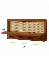 Yigii 4 Wood Key Hooks Pine Board Pe Rattan Grid Coat Rack Decor