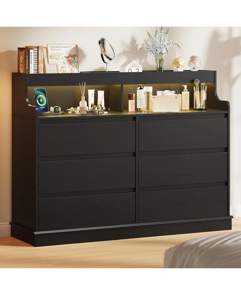 gaomon 6 Drawer Dresser for Bedroom with Led Lights & Charging Station, 51.2" Wide Dresser with Open Shelf