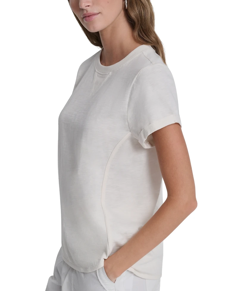 Dkny Sport Women's Embroidered Crewneck Logo Roll-Sleeve Top