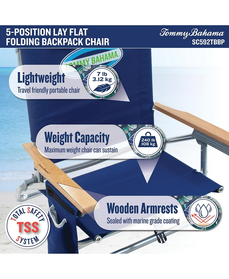 Tommy Bahama 5-Position Classic Lay Flat Backpack Cooler and Cup Holder Beach Chair, Portable Folding Beach Chair for Tanning, 2-Pack