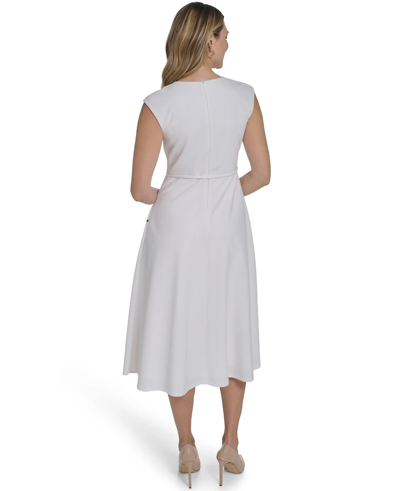 Jessica Howard Petite Extended Cap Belted Jewel Neck Midi Dress