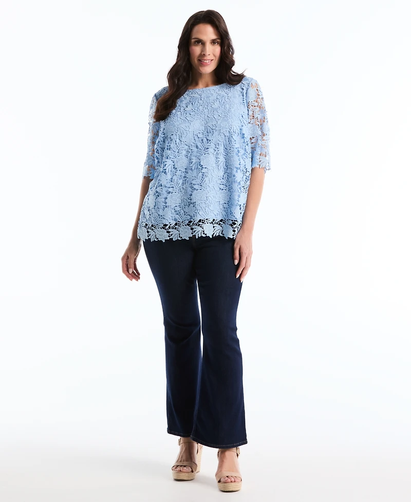 Rafaella Plus Scalloped Elbow-Sleeve Jewel Neck Lace Top