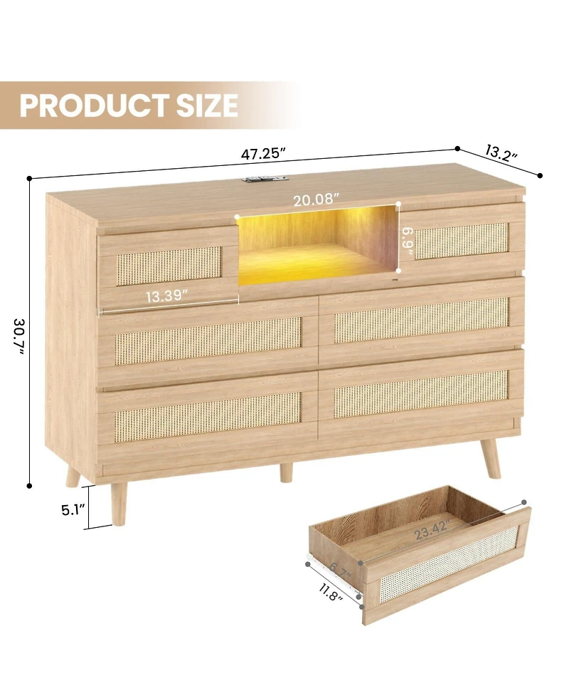 gaomon Natural Rattan Dresser for Bedroom with Led light and Charging Station